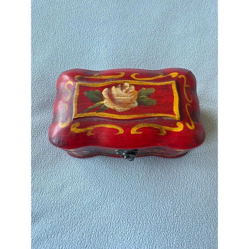 Vintage Box Floral Tole Painted Wooden Jewelry Trinket Box Hinged Lid Red Boho